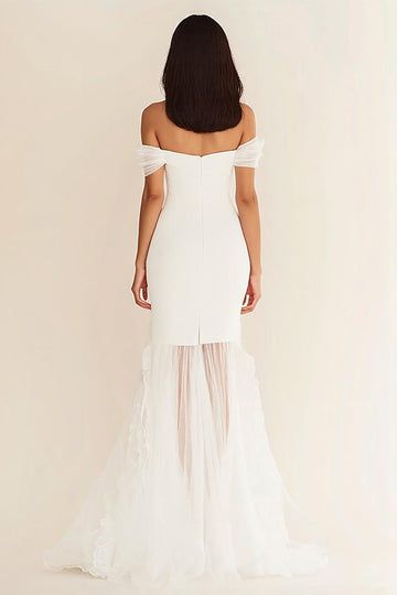 Off the Shoulder Sjöjungfru Vit Lång Bröllopsklänning